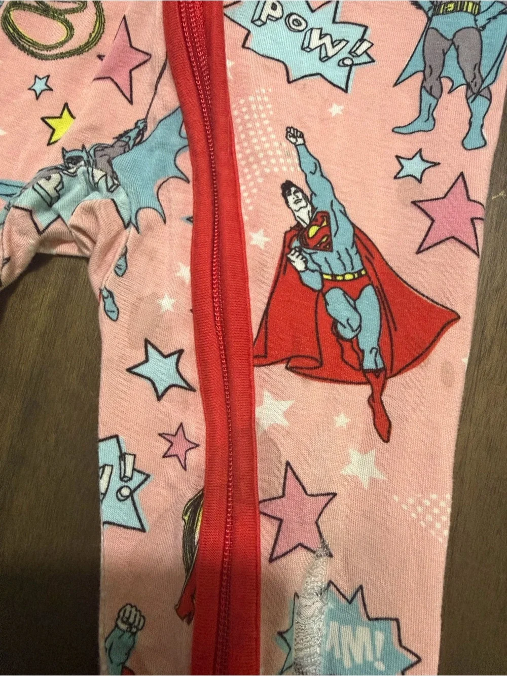 Little Sleepies Pink Superhero One-Piece Footie with Red Trim